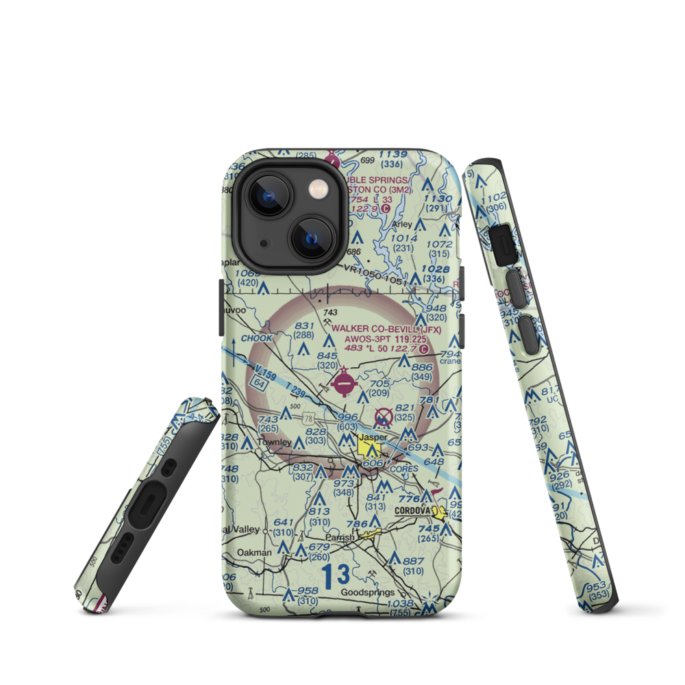 Walker County Airport-Bevill Field (JFX) VFR Sectional  Tough iPhone Case iPhone 13 mini model shown