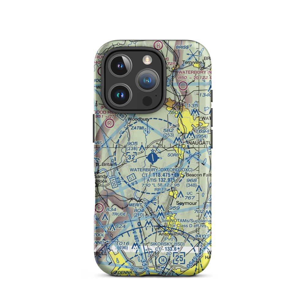 Waterbury Oxford Airport (OXC) VFR Sectional  Tough iPhone Case iPhone 16 Pro model shown