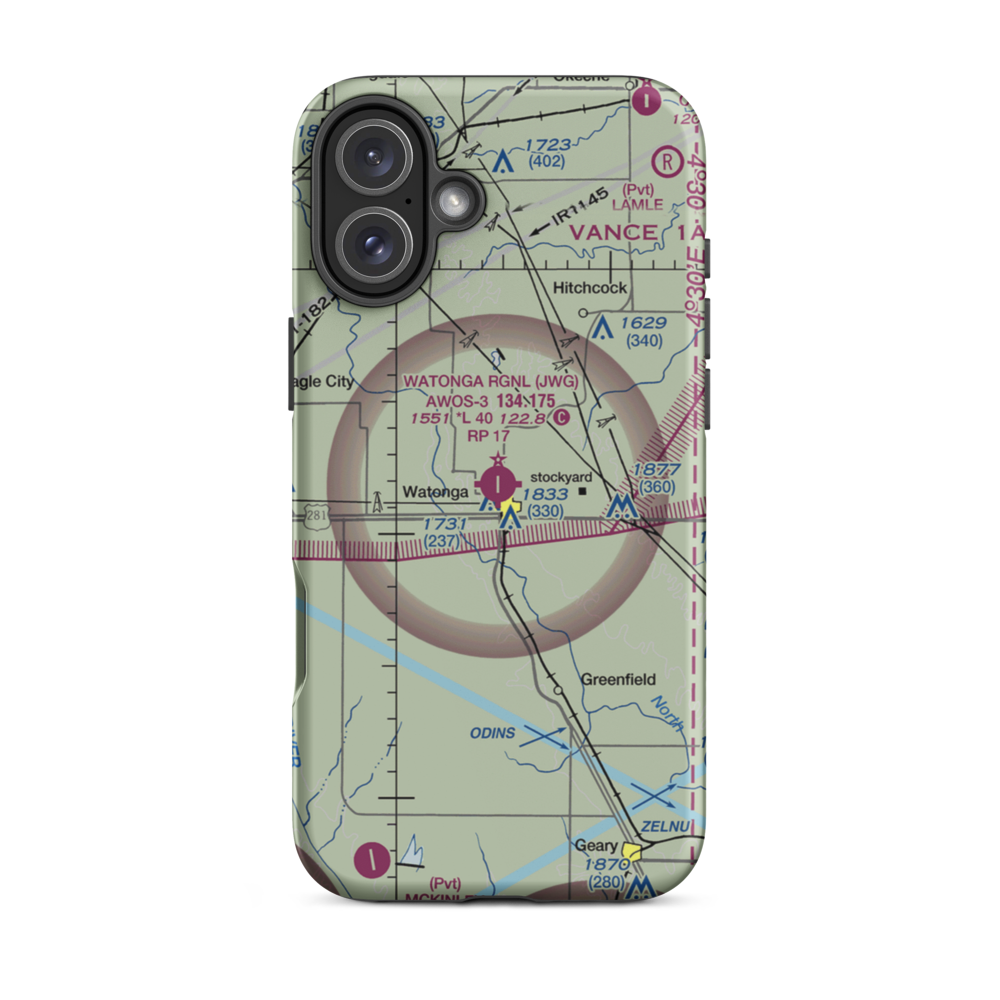Watonga Regional Airport (JWG) VFR Sectional  Tough iPhone Case iPhone 16 Plus model shown
