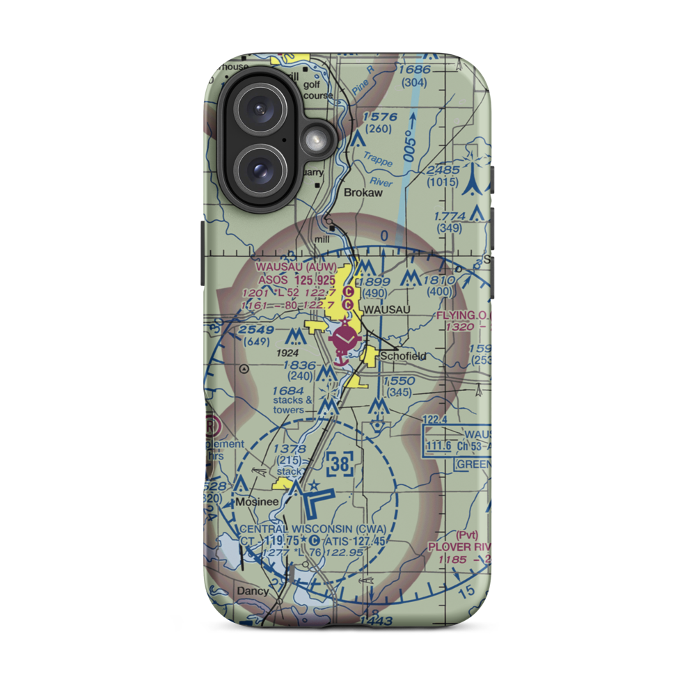 Wausau Downtown Airport (AUW) VFR Sectional  Tough iPhone Case iPhone 16 Plus model shown