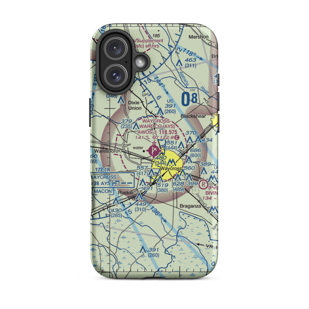 Waycross Ware County Airport (AYS) VFR Sectional  Tough iPhone Case iPhone 16 Plus model shown