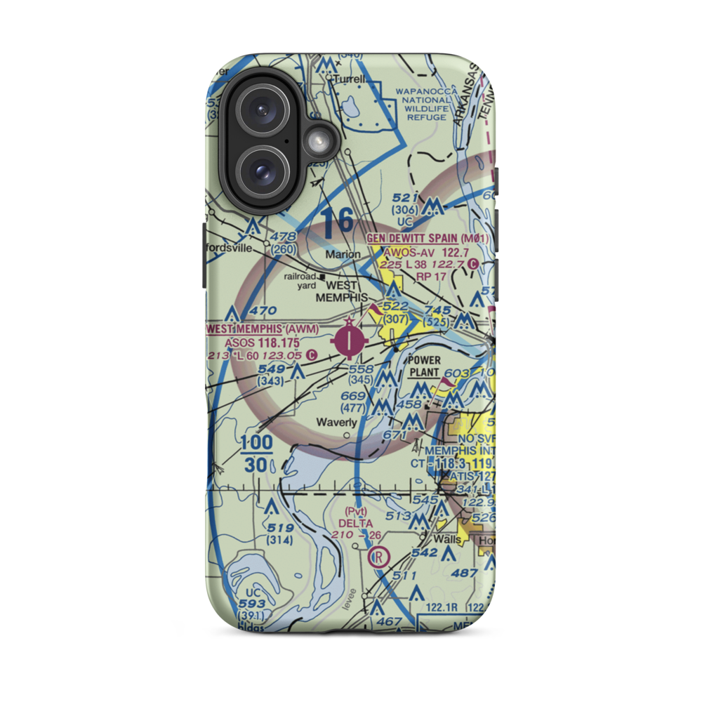 West Memphis Municipal Airport (AWM) VFR Sectional  Tough iPhone Case iPhone 16 Plus model shown
