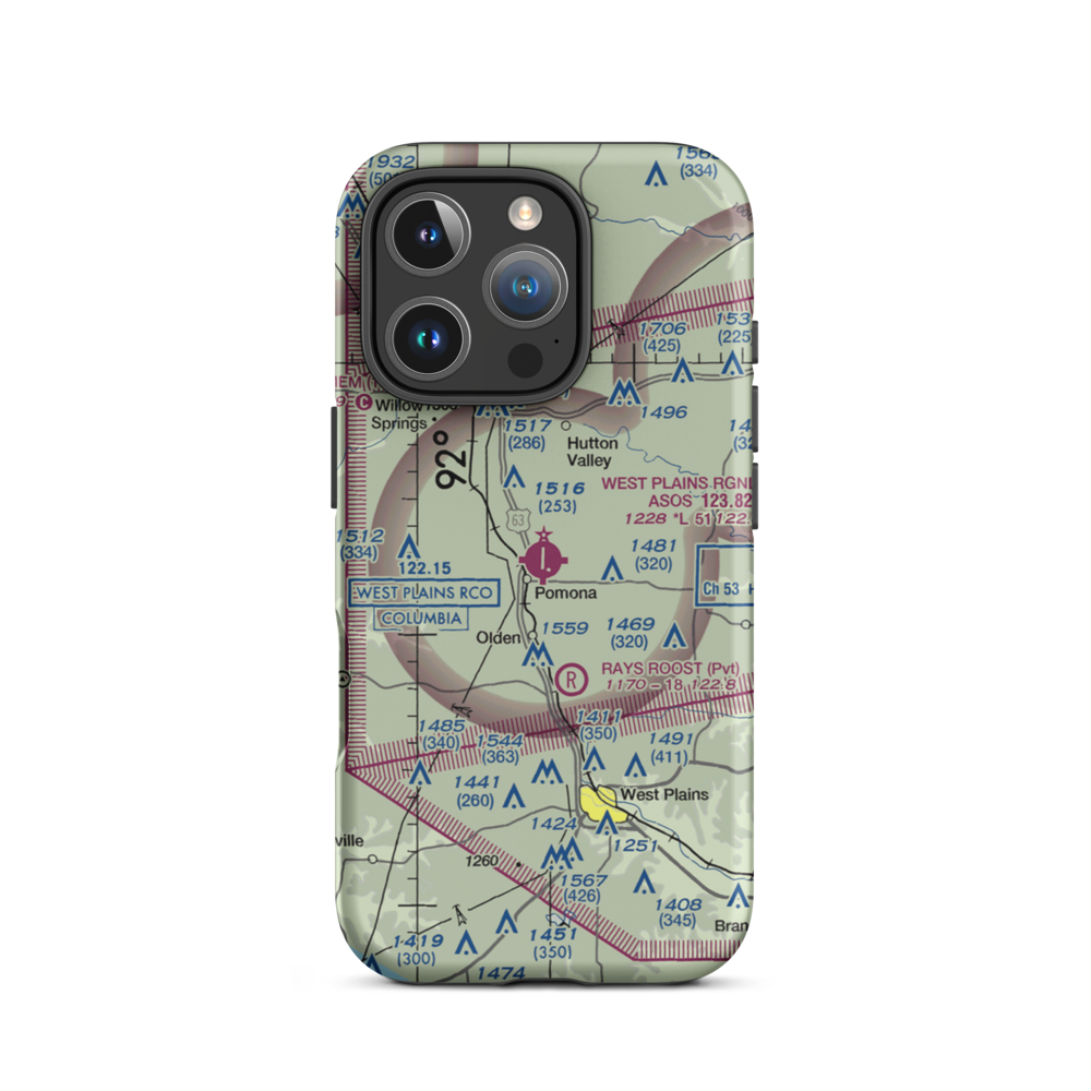West Plains Municipal Airport (UNO) VFR Sectional  Tough iPhone Case iPhone 16 Pro model shown