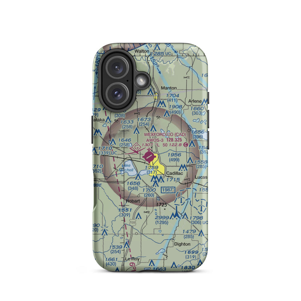 Wexford County Airport (CAD) VFR Sectional  Tough iPhone Case iPhone 16 model shown
