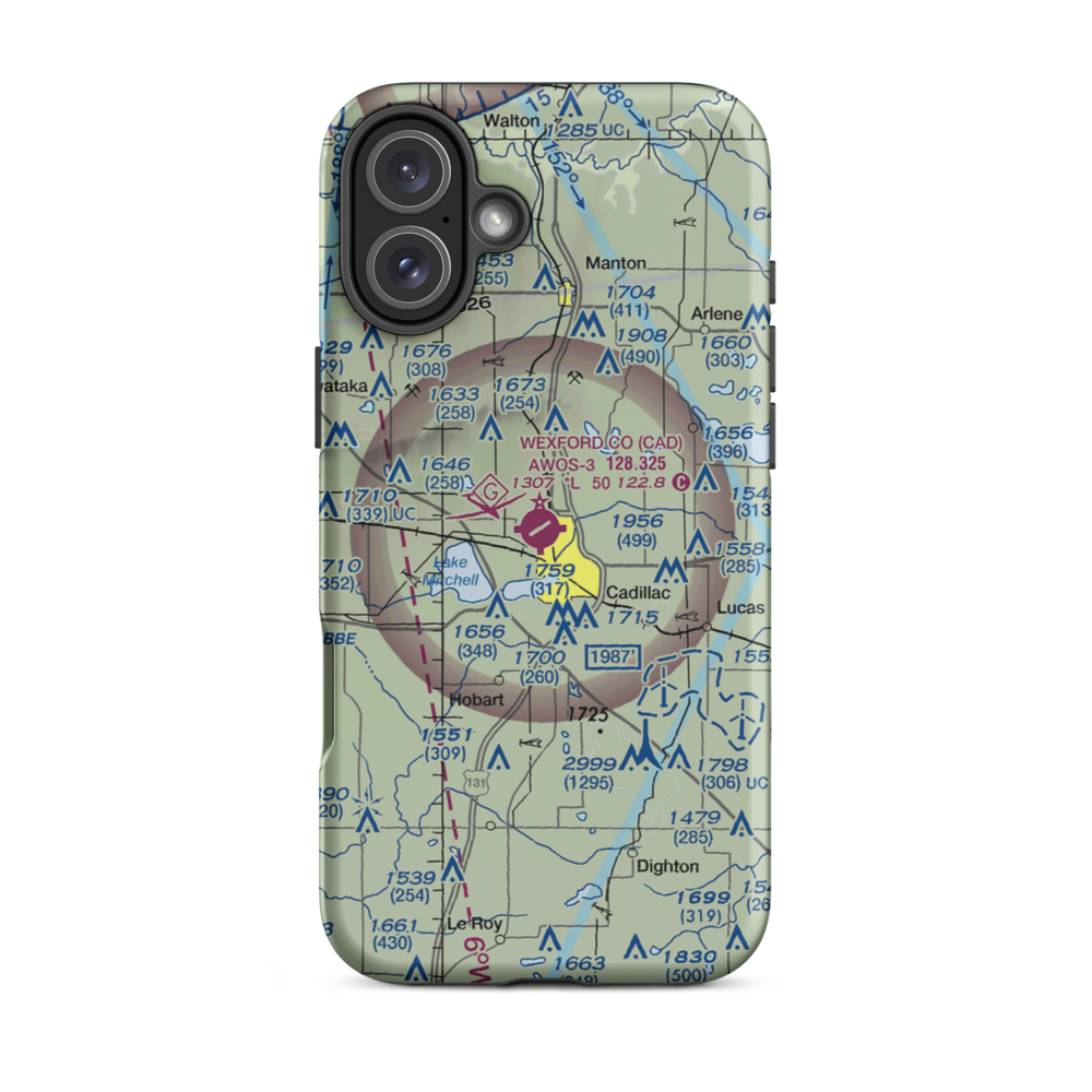 Wexford County Airport (CAD) VFR Sectional  Tough iPhone Case iPhone 16 Plus model shown