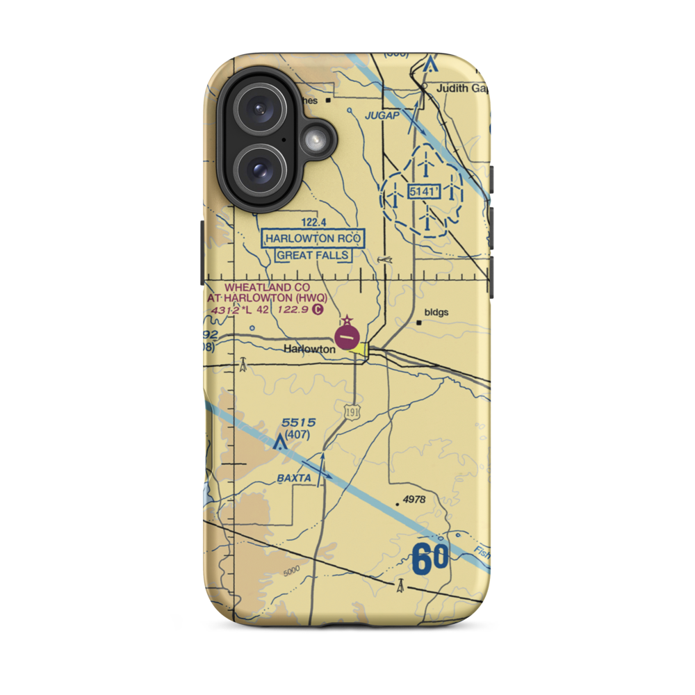 Wheatland County At Harlowton Airport (HWQ) VFR Sectional  Tough iPhone Case iPhone 16 Plus model shown