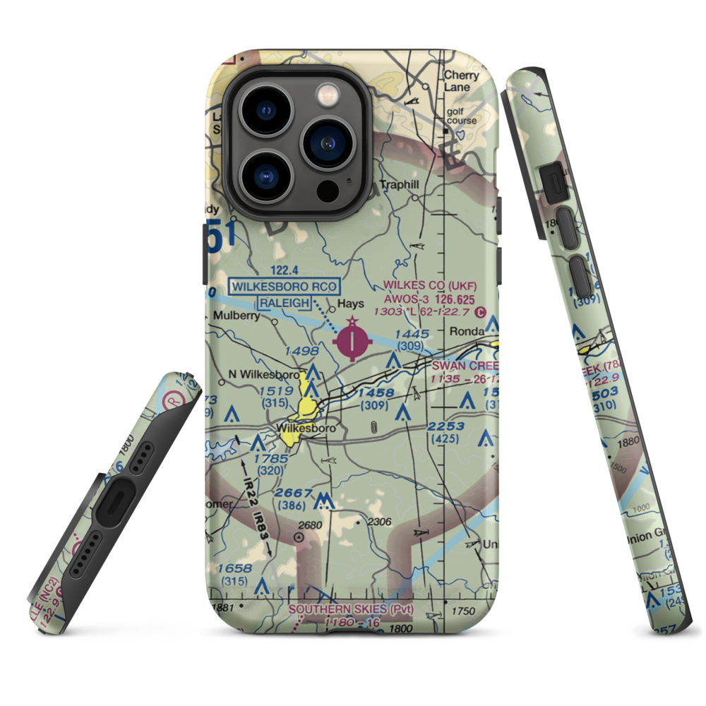 Wilkes County Airport (UKF) VFR Sectional  Tough iPhone Case iPhone 14 Pro Max model shown
