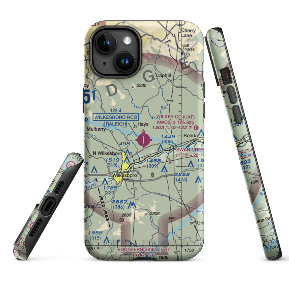 Wilkes County Airport (UKF) VFR Sectional  Tough iPhone Case iPhone 15 Plus model shown