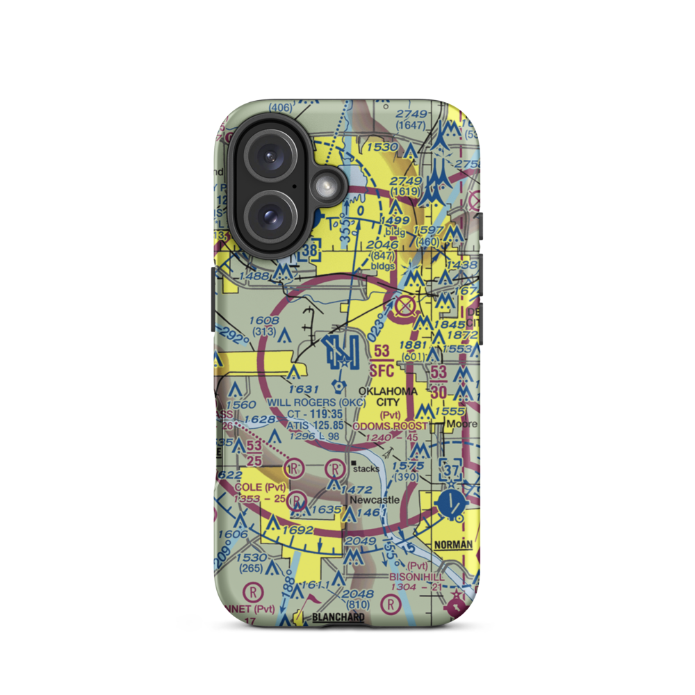 Will Rogers World Airport (OKC) VFR Sectional  Tough iPhone Case iPhone 16 model shown