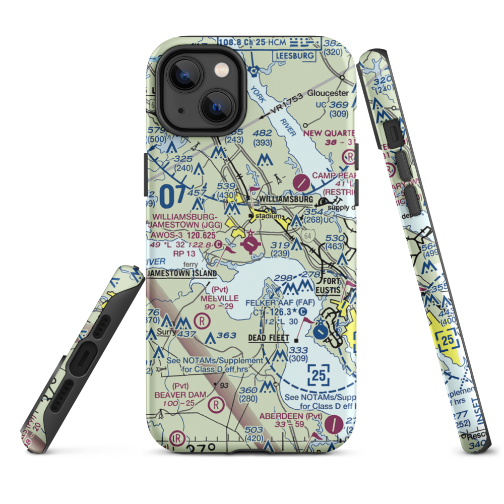 Williamsburg Jamestown Airport (JGG) VFR Sectional  Tough iPhone Case iPhone 14 Plus model shown