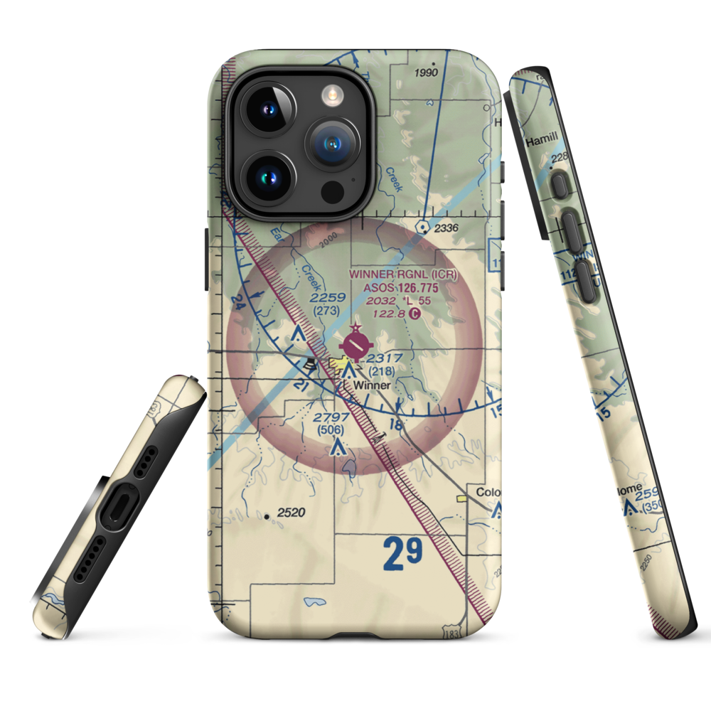 Winner Regional Airport (ICR) VFR Sectional  Tough iPhone Case iPhone 15 Pro Max model shown