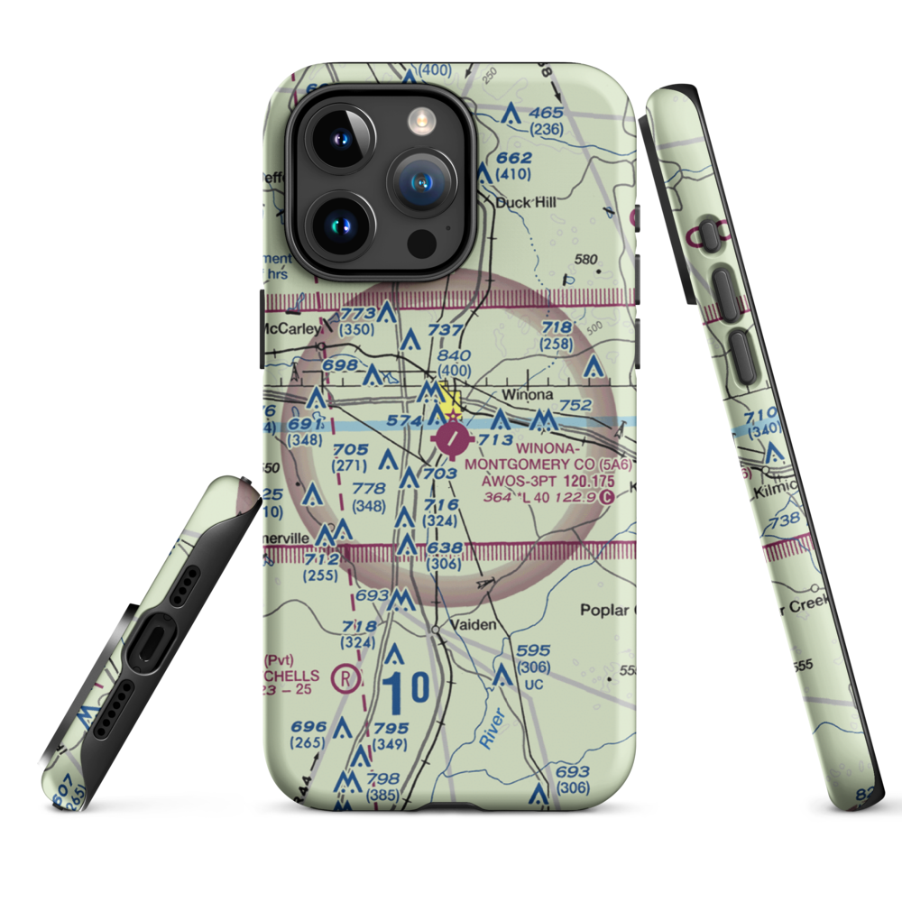 Winona–Montgomery County Airport (5A6) VFR Sectional  Tough iPhone Case iPhone 15 Pro Max model shown