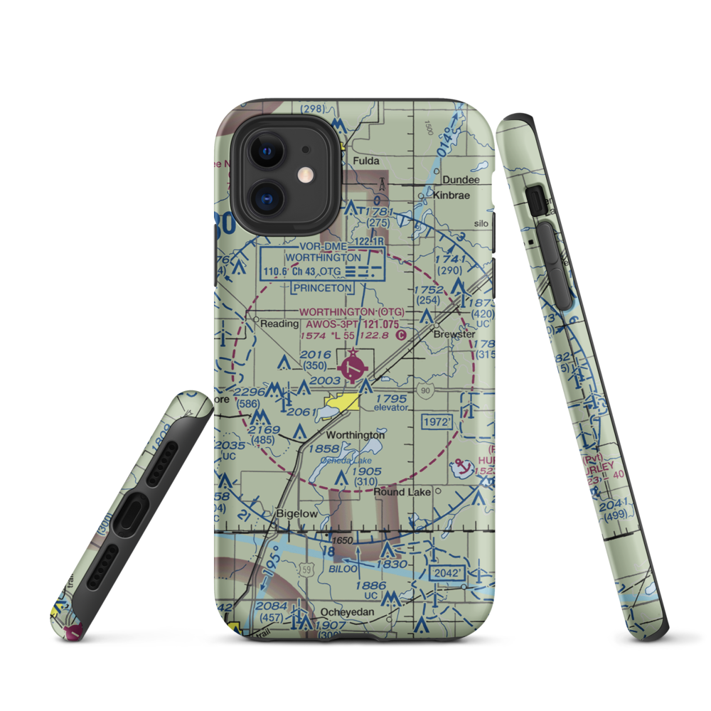 Worthington Municipal Airport (OTG) VFR Sectional  Tough iPhone Case iPhone 11 model shown
