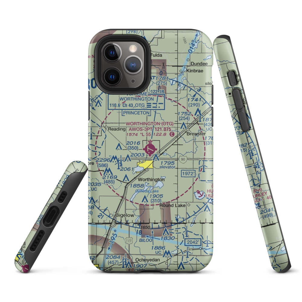 Worthington Municipal Airport (OTG) VFR Sectional  Tough iPhone Case iPhone 11 Pro model shown