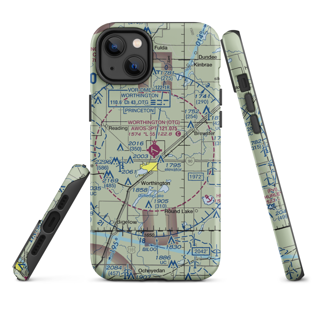 Worthington Municipal Airport (OTG) VFR Sectional  Tough iPhone Case iPhone 14 Plus model shown