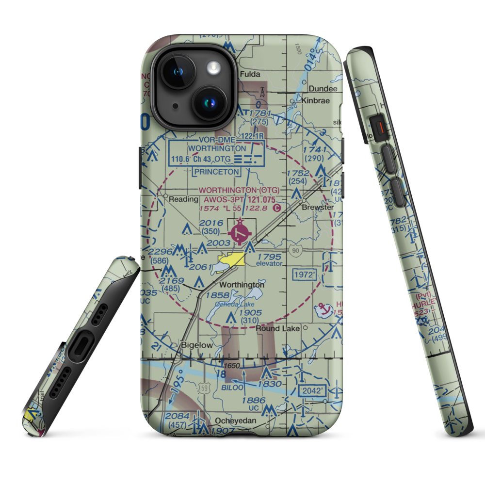 Worthington Municipal Airport (OTG) VFR Sectional  Tough iPhone Case iPhone 15 Plus model shown