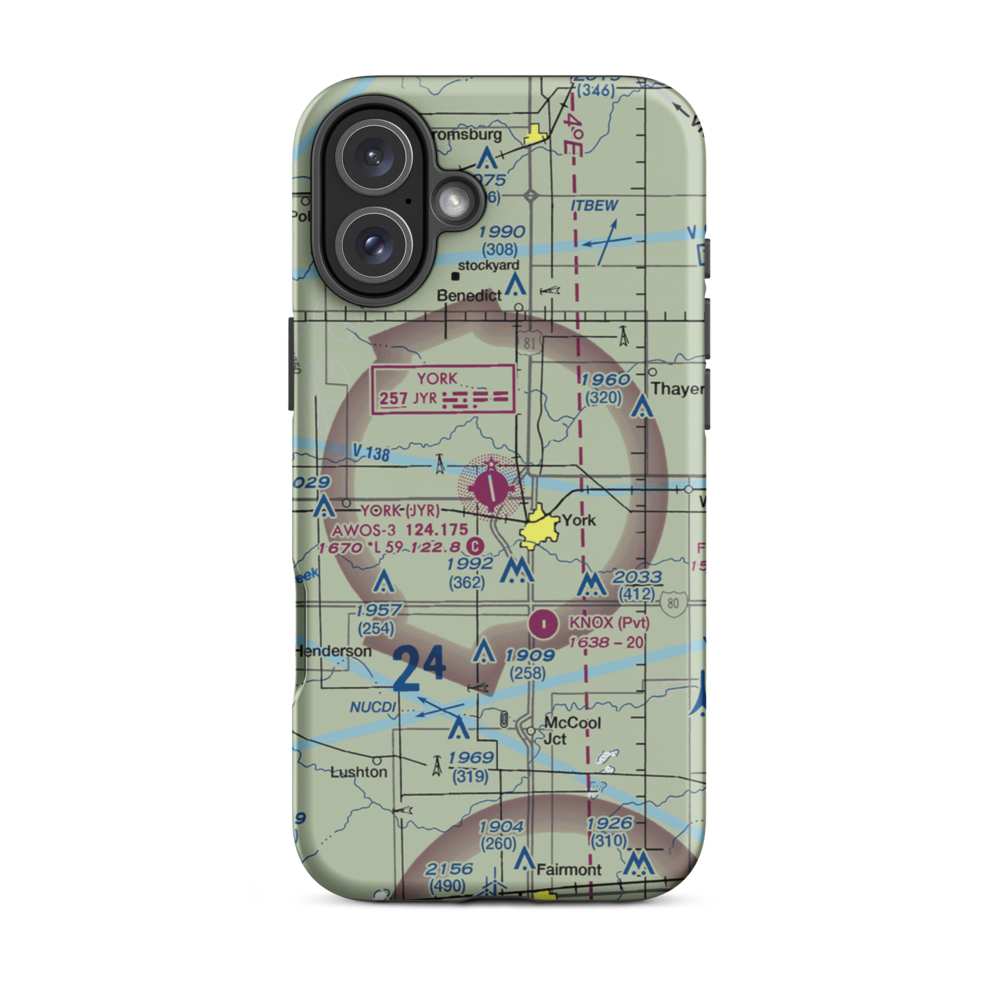 York Municipal Airport (JYR) VFR Sectional  Tough iPhone Case iPhone 16 Plus model shown