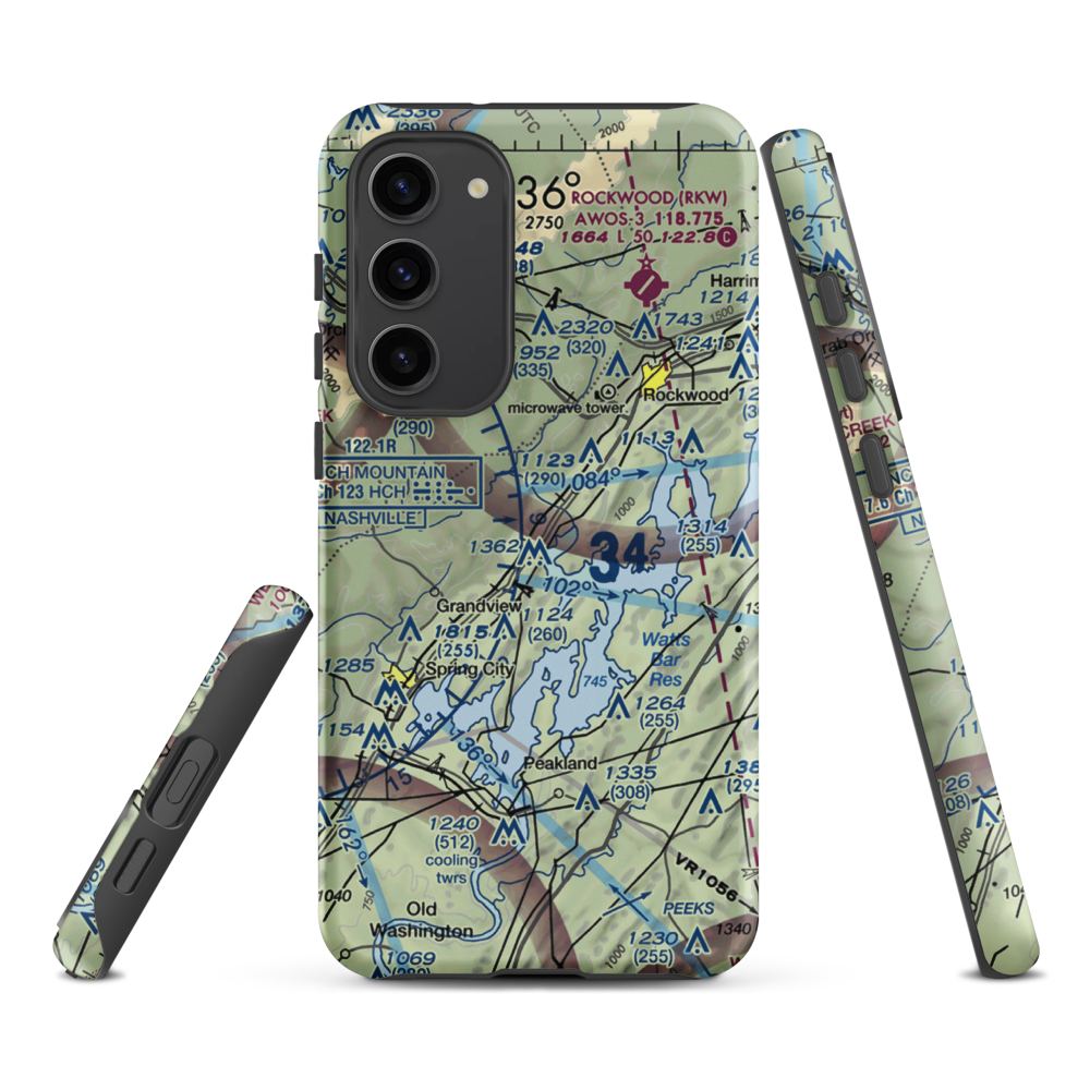 100 Aker Wood Airport (TN41) VFR Sectional Samsung Phone Case Samsung Galaxy S23 Plus model shown