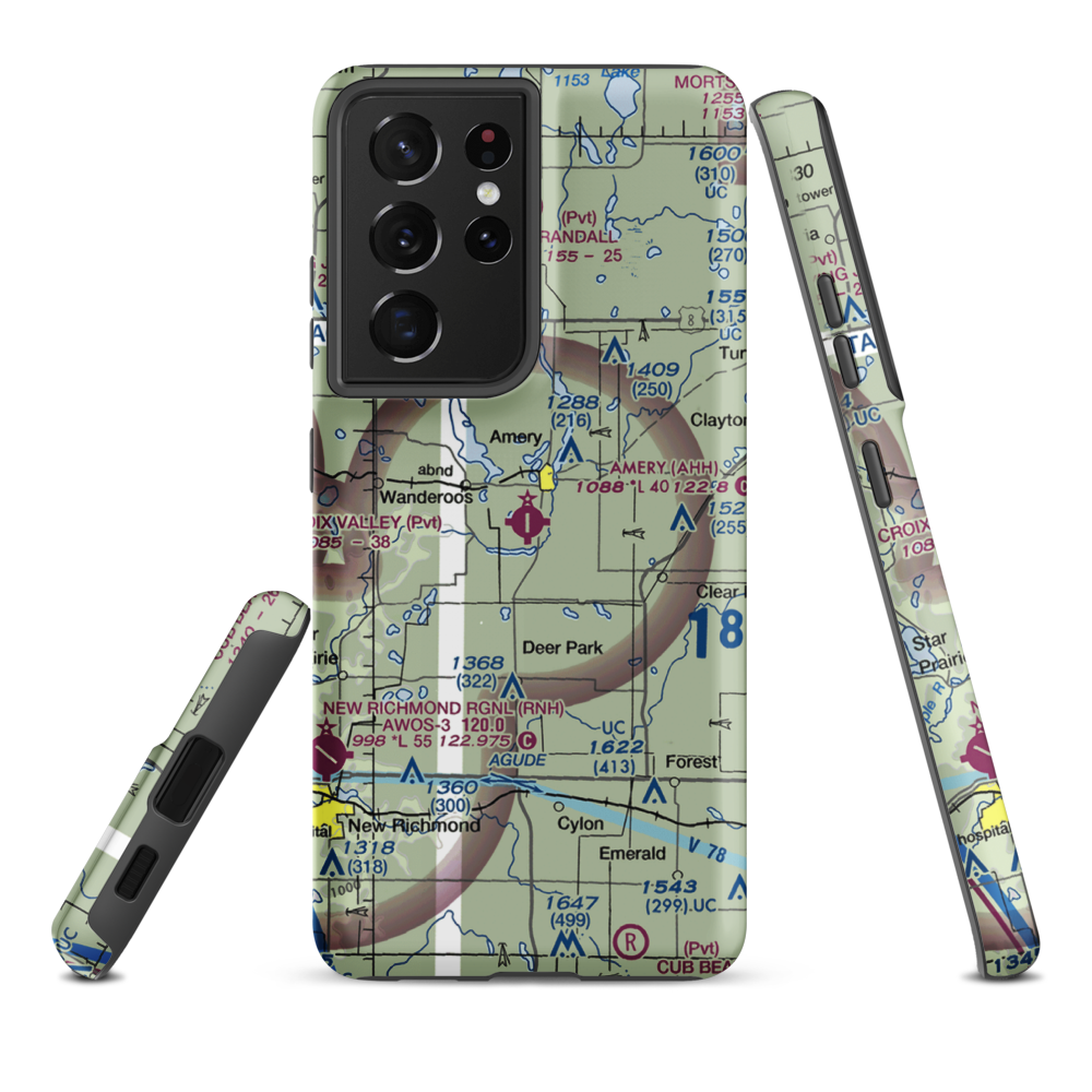 Amery Municipal Airport (AHH) VFR Sectional Samsung Phone Case Samsung Galaxy S21 Plus model shown