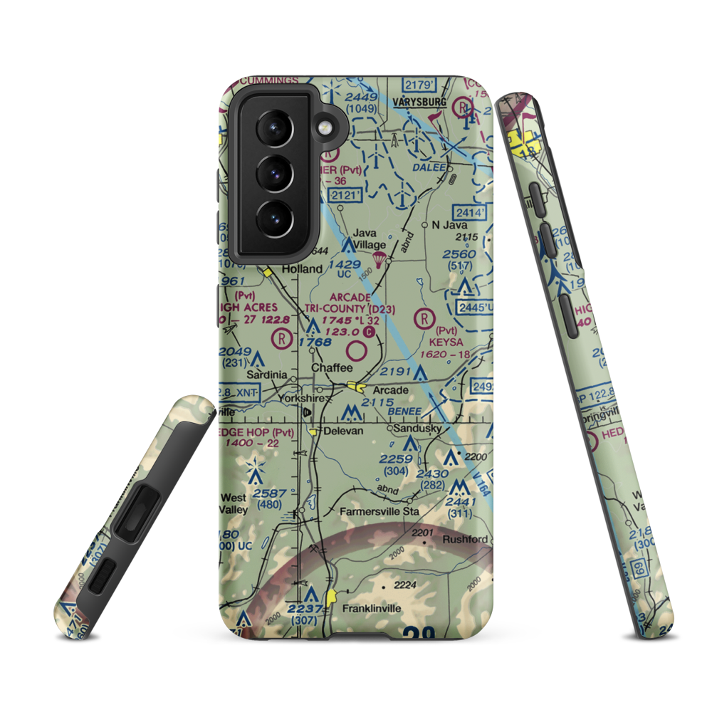 Arcade Tri County Airport (D23) VFR Sectional Samsung Phone Case Samsung Galaxy S21 FE model shown