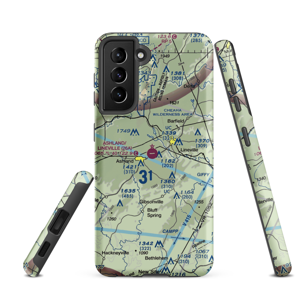 Ashland/Lineville Airport (26A) VFR Sectional Samsung Phone Case Samsung Galaxy S21 FE model shown