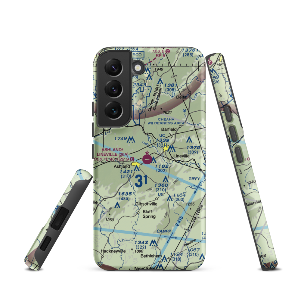 Ashland/Lineville Airport (26A) VFR Sectional Samsung Phone Case Samsung Galaxy S22 model shown