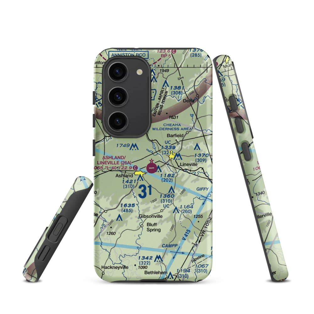 Ashland/Lineville Airport (26A) VFR Sectional Samsung Phone Case Samsung Galaxy S23 model shown