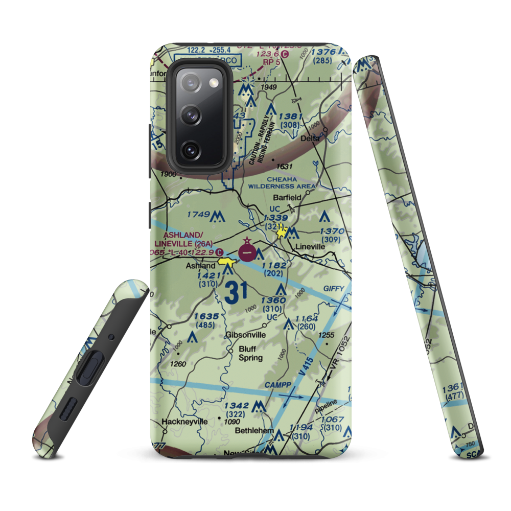 Ashland/Lineville Airport (26A) VFR Sectional Samsung Phone Case Samsung Galaxy S20 FE model shown