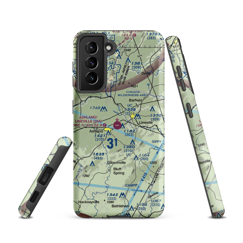 Ashland/Lineville Airport (26A) VFR Sectional Samsung Phone Case Samsung Galaxy S21 model shown