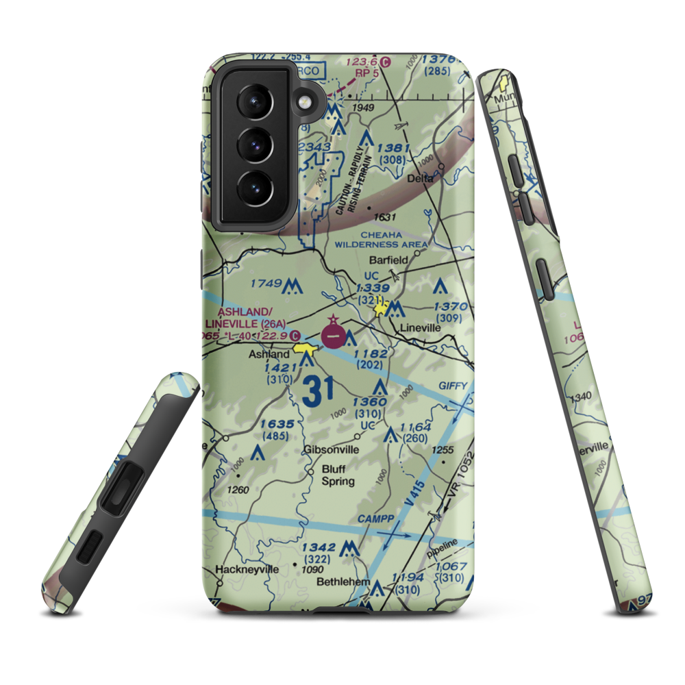 Ashland/Lineville Airport (26A) VFR Sectional Samsung Phone Case Samsung Galaxy S21 Plus model shown