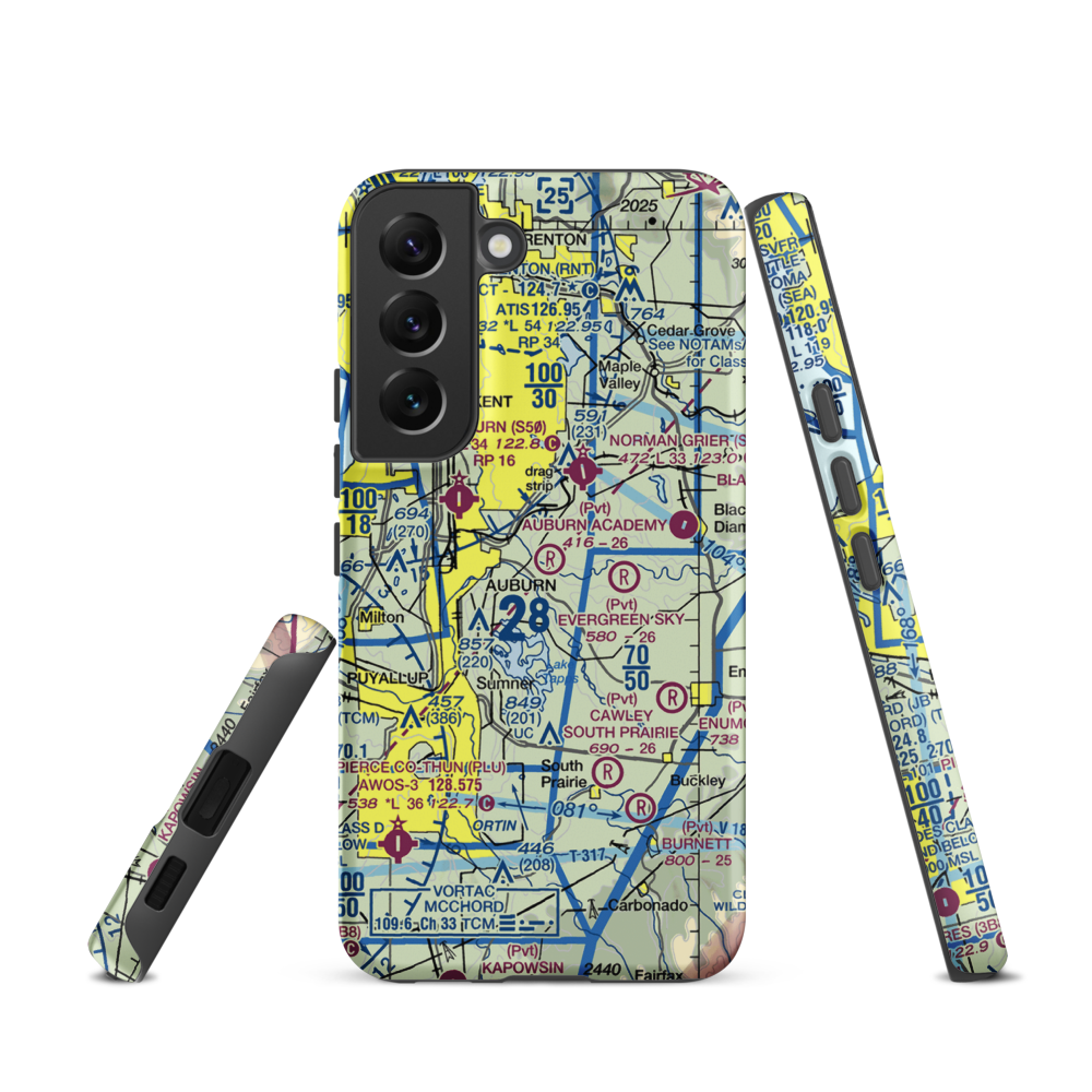 Auburn Academy Airport (WA84) VFR Sectional Samsung Phone Case Samsung Galaxy S22 model shown