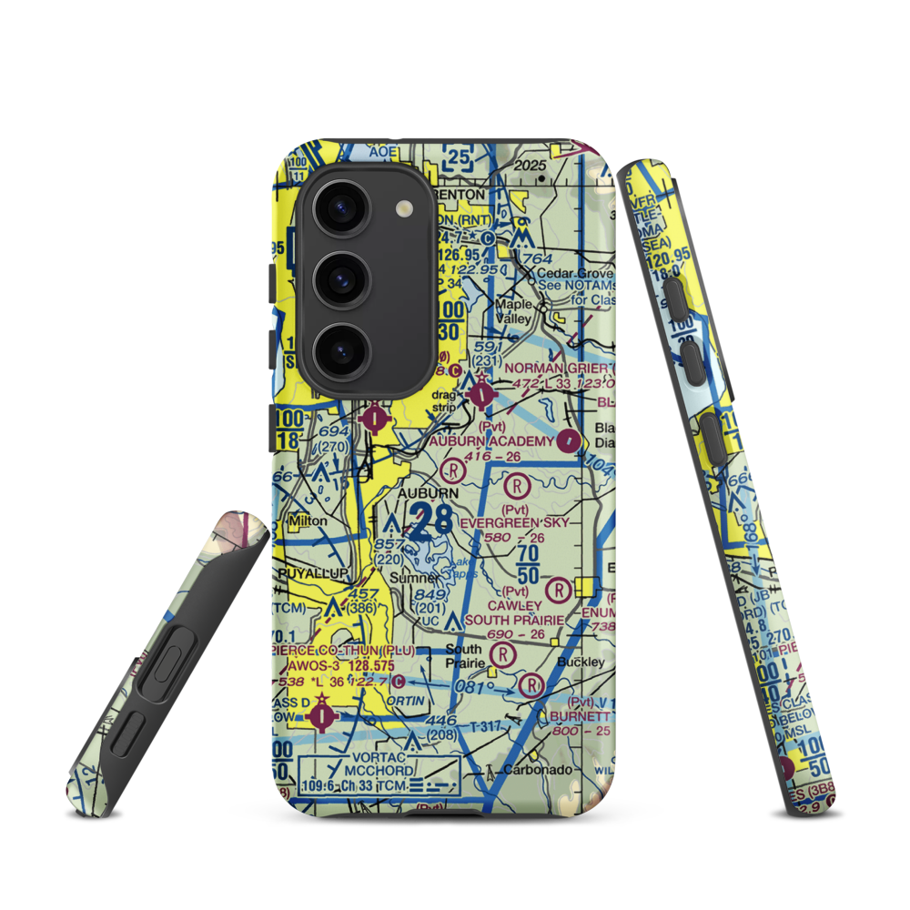 Auburn Academy Airport (WA84) VFR Sectional Samsung Phone Case Samsung Galaxy S23 model shown