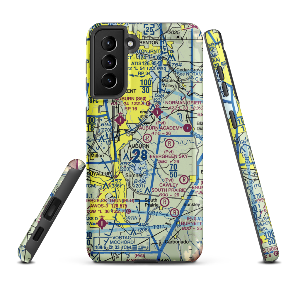 Auburn Academy Airport (WA84) VFR Sectional Samsung Phone Case Samsung Galaxy S21 FE model shown