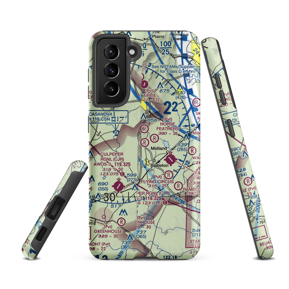 Aviacres Airport (3VA2) VFR Sectional Samsung Phone Case Samsung Galaxy S21 FE model shown
