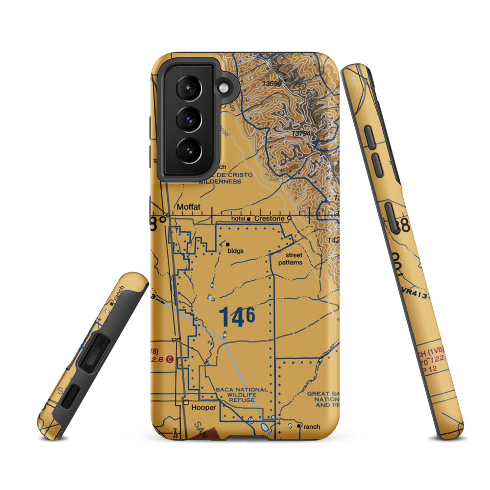 Baca Grande Airfield (BCJ) VFR Sectional Samsung Phone Case Samsung Galaxy S21 FE model shown