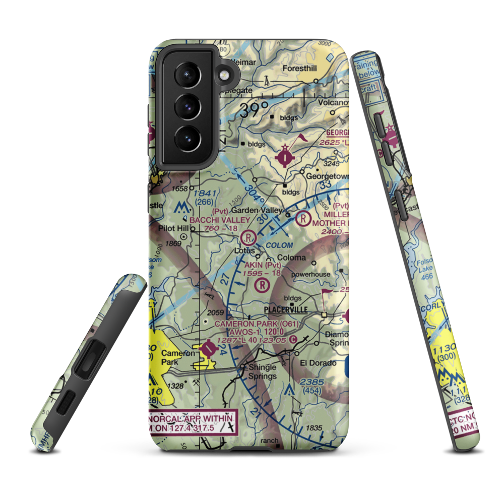 Bacchi Valley Industries Airport (80CA) VFR Sectional Samsung Phone Case Samsung Galaxy S21 Plus model shown
