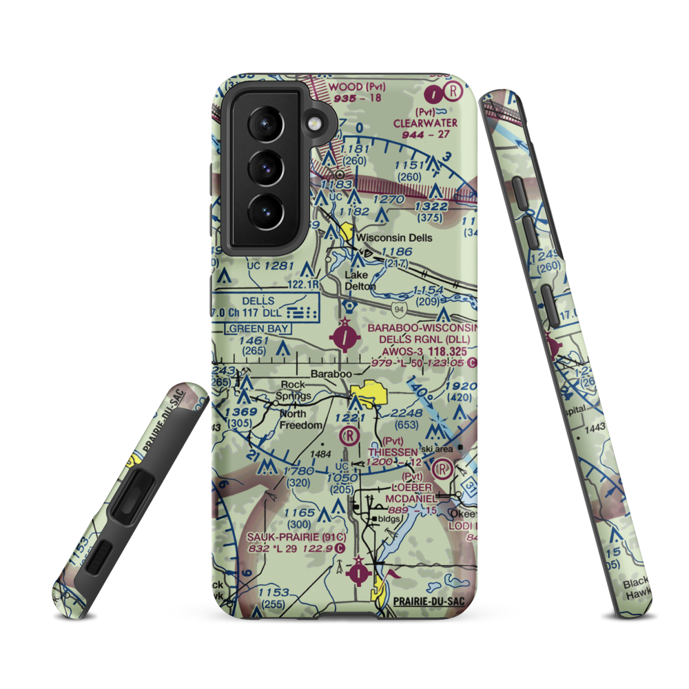 Baraboo Wisconsin Dells Airport (DLL) VFR Sectional Samsung Phone Case Samsung Galaxy S21 FE model shown