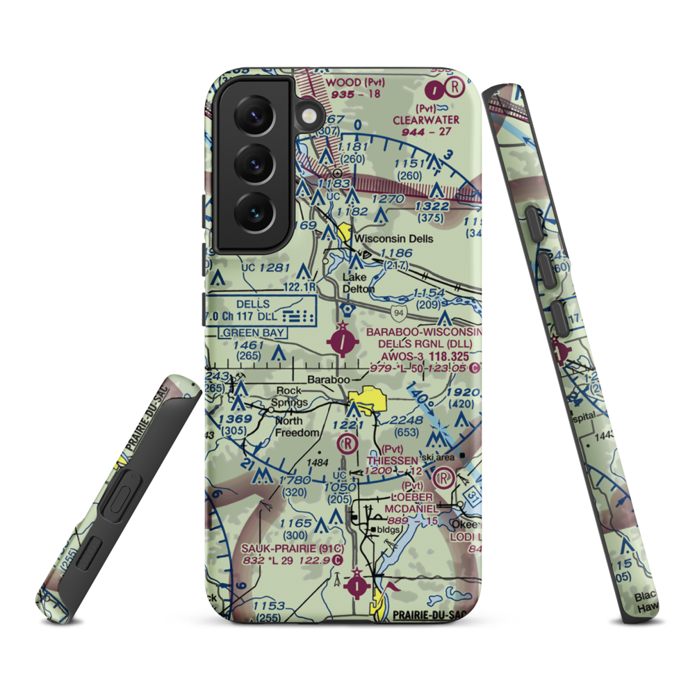 Baraboo Wisconsin Dells Airport (DLL) VFR Sectional Samsung Phone Case Samsung Galaxy S22 Plus model shown