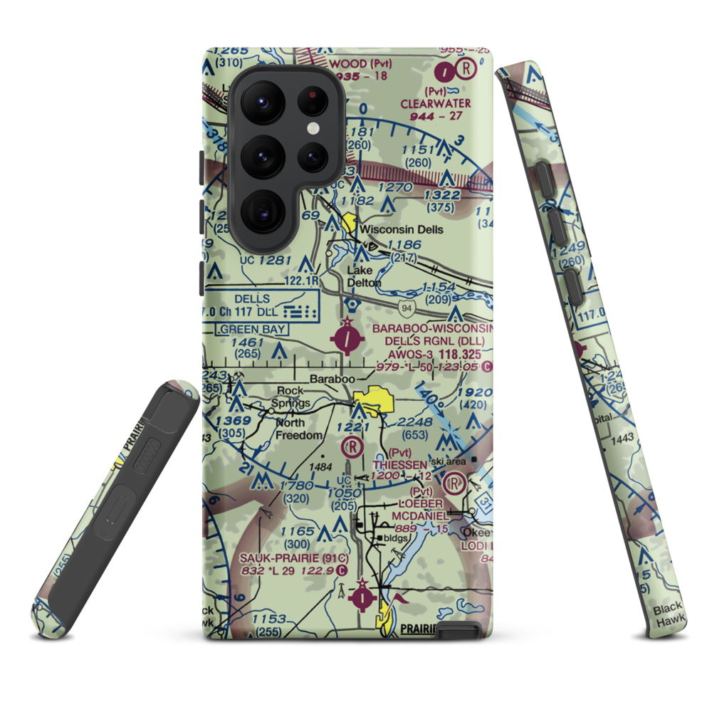 Baraboo Wisconsin Dells Airport (DLL) VFR Sectional Samsung Phone Case Samsung Galaxy S22 Ultra model shown