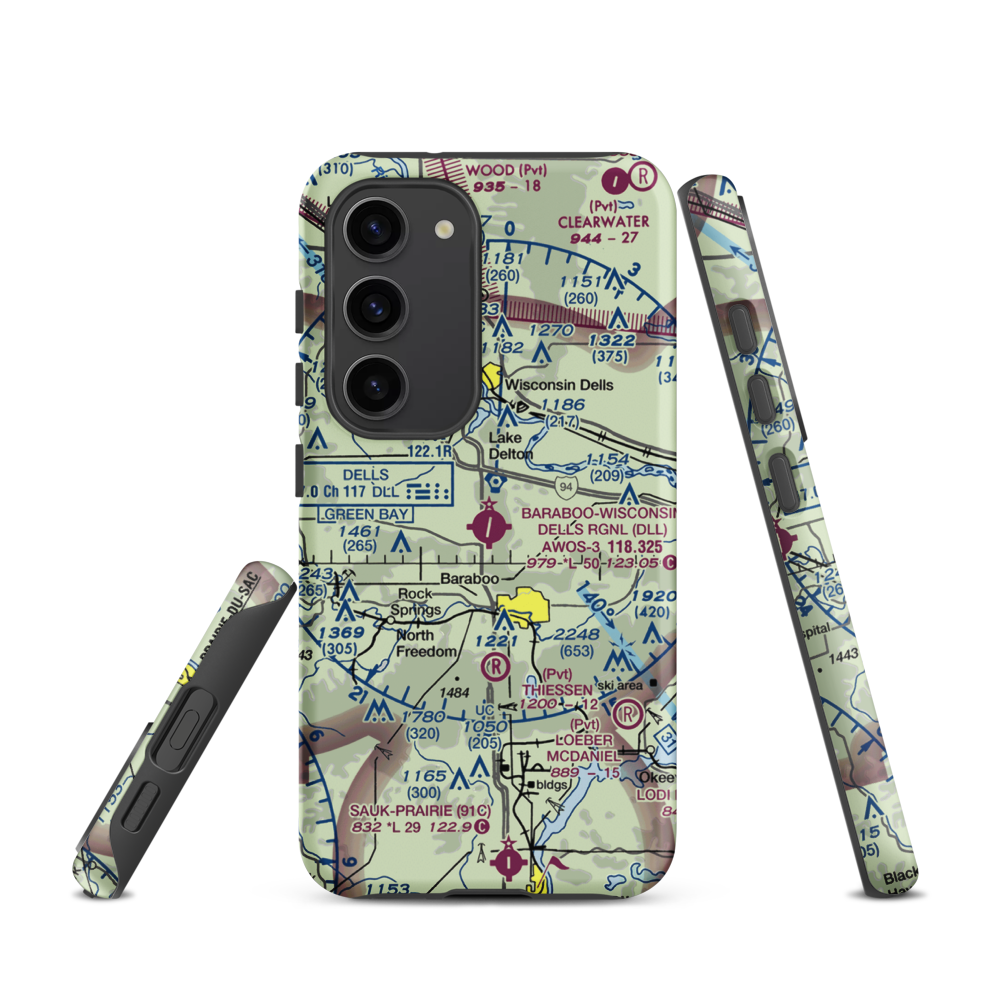 Baraboo Wisconsin Dells Airport (DLL) VFR Sectional Samsung Phone Case Samsung Galaxy S23 model shown