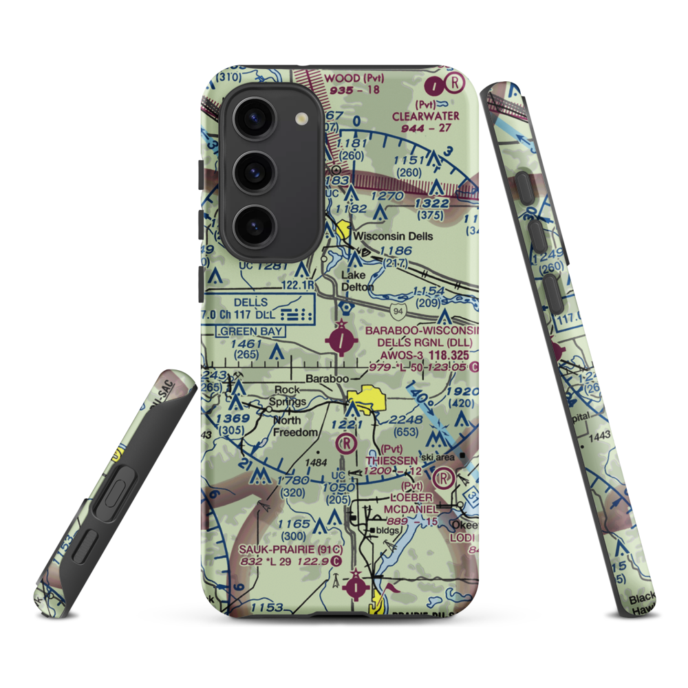 Baraboo Wisconsin Dells Airport (DLL) VFR Sectional Samsung Phone Case Samsung Galaxy S23 Plus model shown