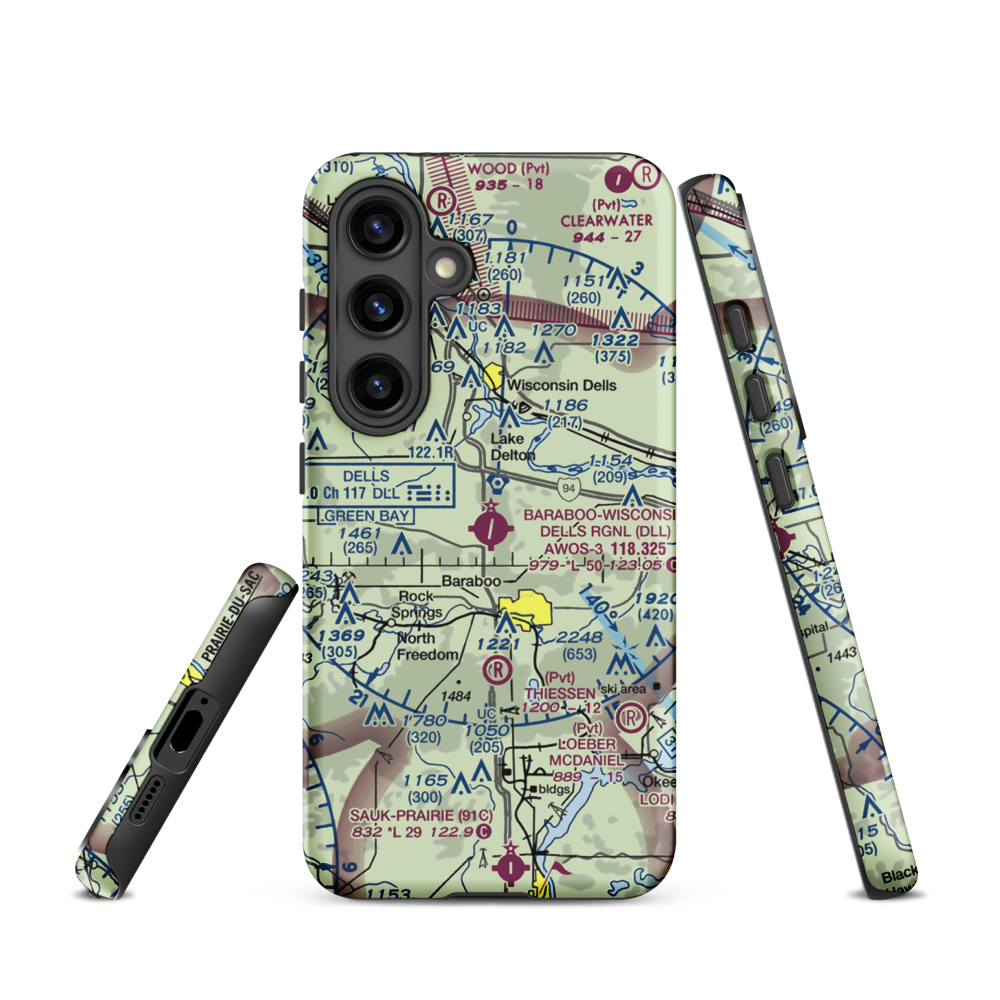 Baraboo Wisconsin Dells Airport (DLL) VFR Sectional Samsung Phone Case Samsung Galaxy S24 model shown