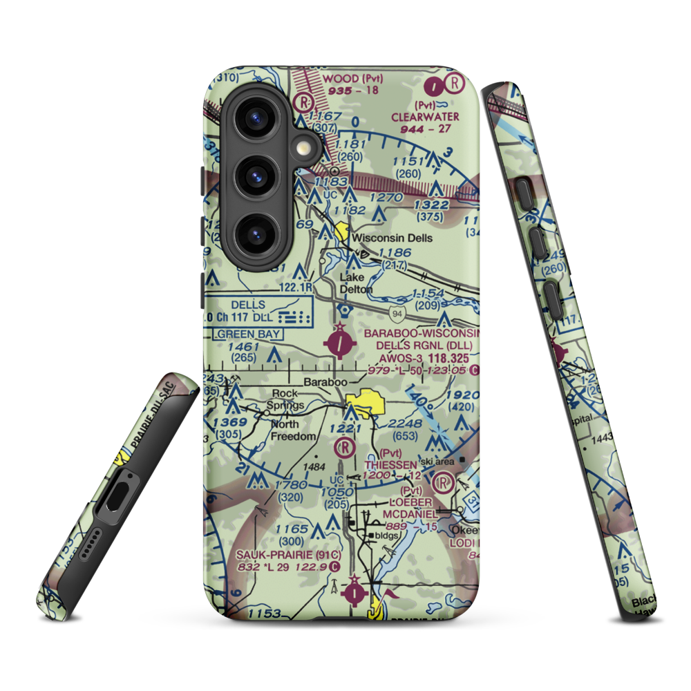 Baraboo Wisconsin Dells Airport (DLL) VFR Sectional Samsung Phone Case Samsung Galaxy S24 Plus model shown