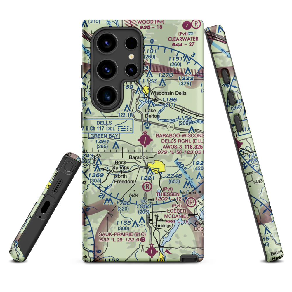 Baraboo Wisconsin Dells Airport (DLL) VFR Sectional Samsung Phone Case Samsung Galaxy S24 Ultra model shown