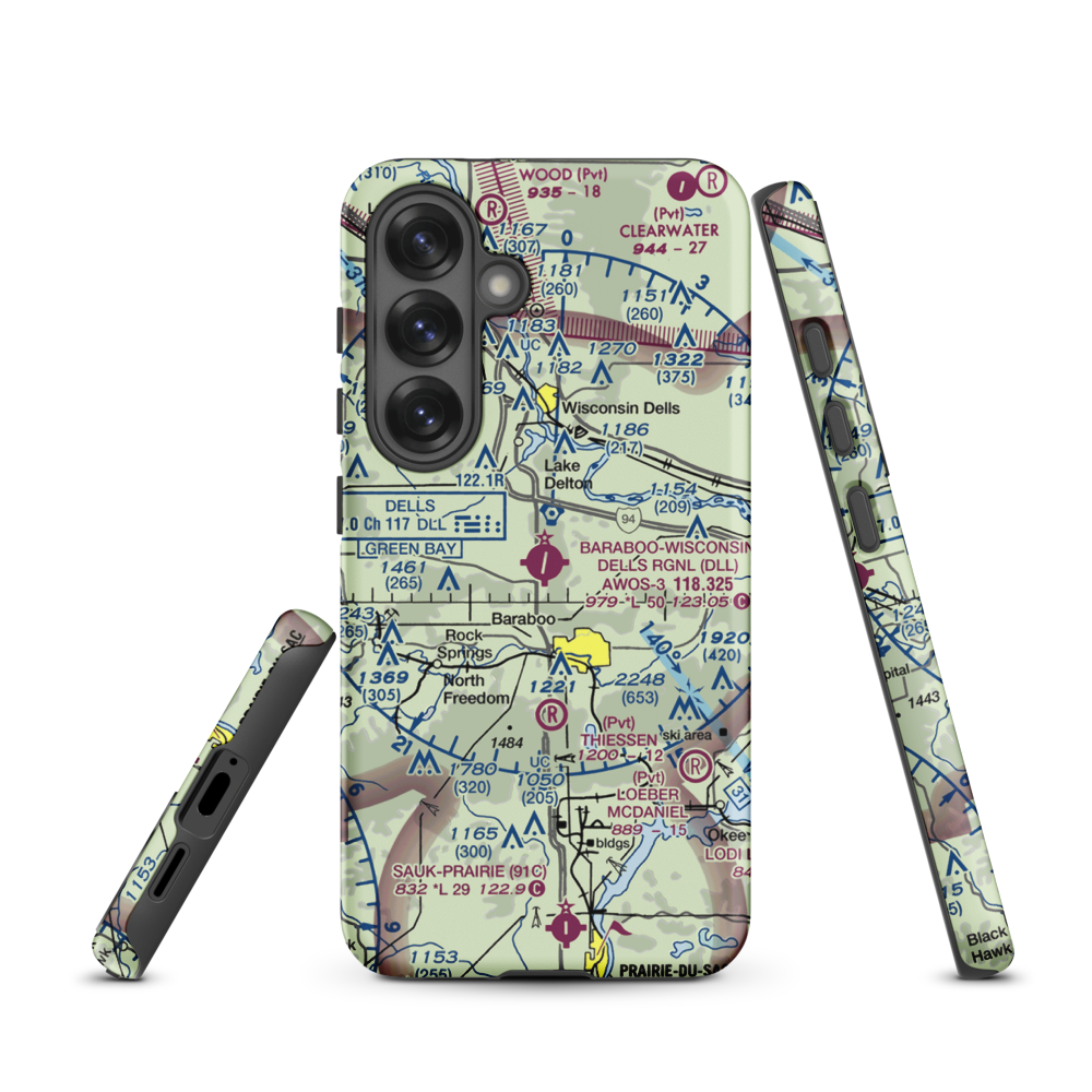 Baraboo Wisconsin Dells Airport (DLL) VFR Sectional Samsung Phone Case Samsung Galaxy S25 model shown