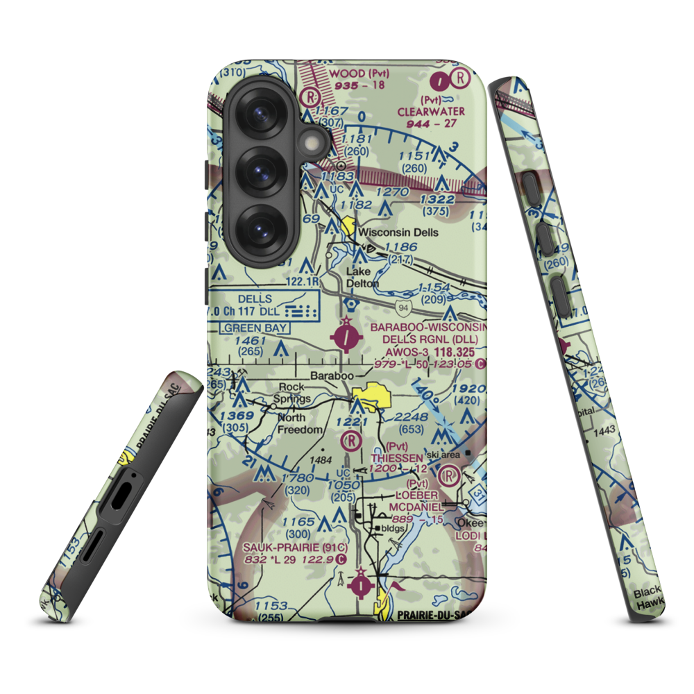 Baraboo Wisconsin Dells Airport (DLL) VFR Sectional Samsung Phone Case Samsung Galaxy S25 Plus model shown