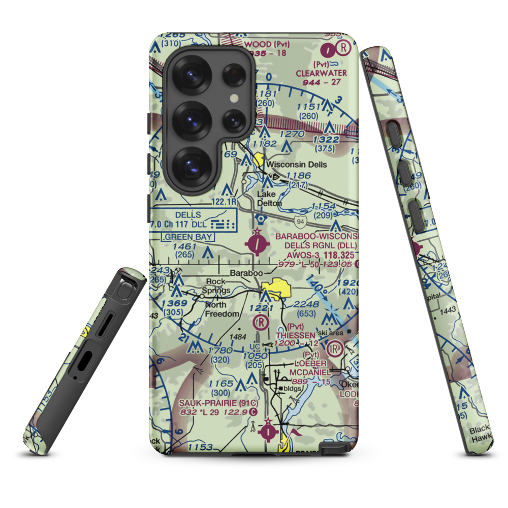 Baraboo Wisconsin Dells Airport (DLL) VFR Sectional Samsung Phone Case Samsung Galaxy S25 Ultra model shown