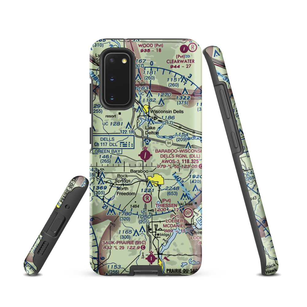 Baraboo Wisconsin Dells Airport (DLL) VFR Sectional Samsung Phone Case Samsung Galaxy S20 model shown
