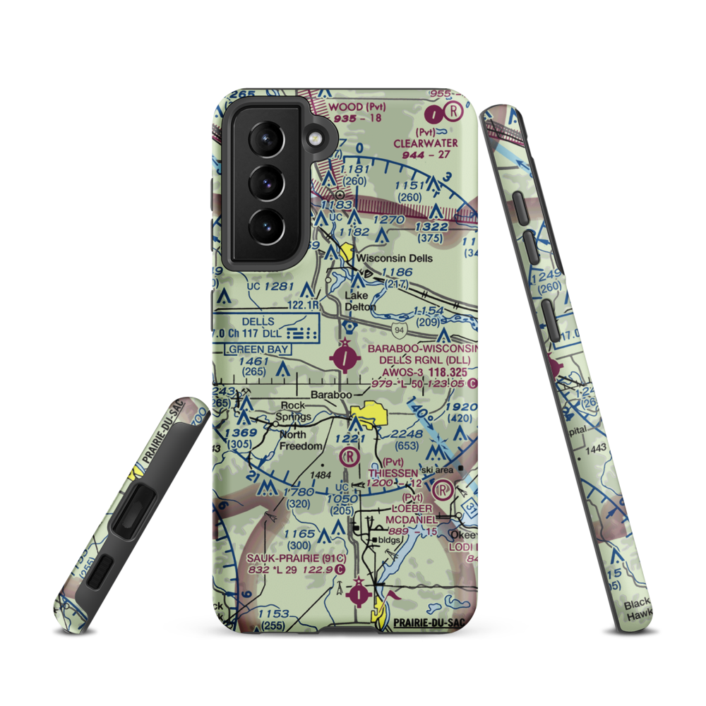 Baraboo Wisconsin Dells Airport (DLL) VFR Sectional Samsung Phone Case Samsung Galaxy S21 model shown