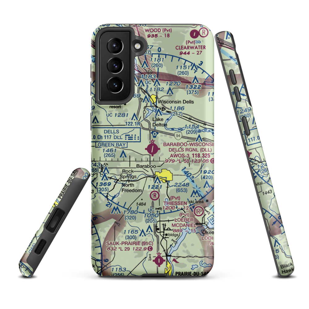 Baraboo Wisconsin Dells Airport (DLL) VFR Sectional Samsung Phone Case Samsung Galaxy S21 FE model shown